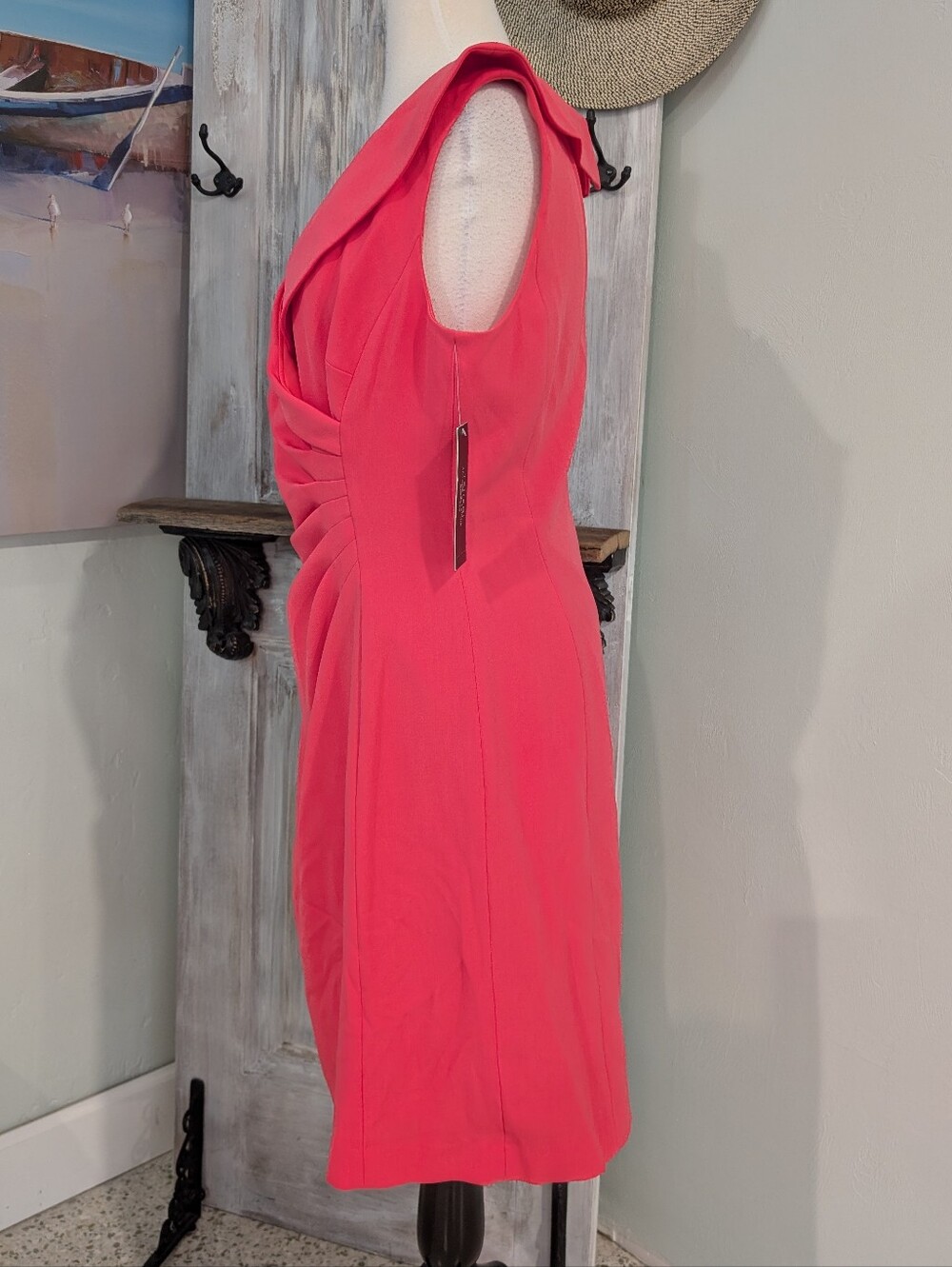 NWT Tahari Coral Pink Sleeveless Ruched V-Neck Midi Dress - Picture 2 of 8